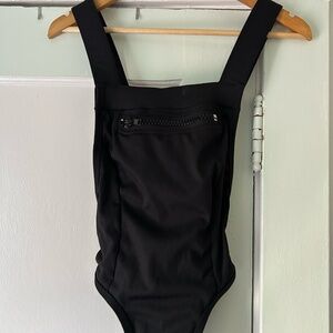 Zipper Front Black Ribbed 1 Piece Bathing Suit